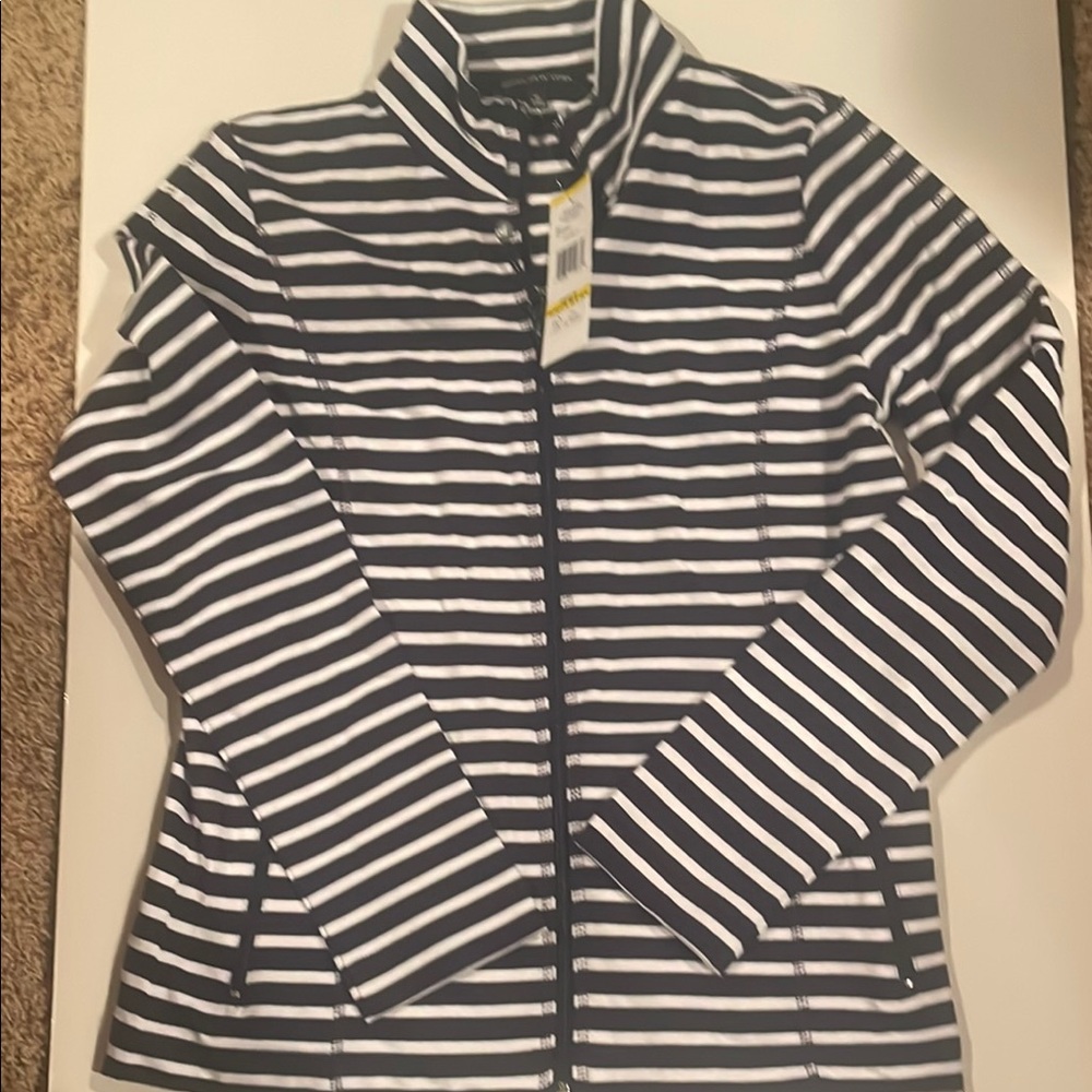Jones New York Women's Navy and White Striped Summer full zip up.
